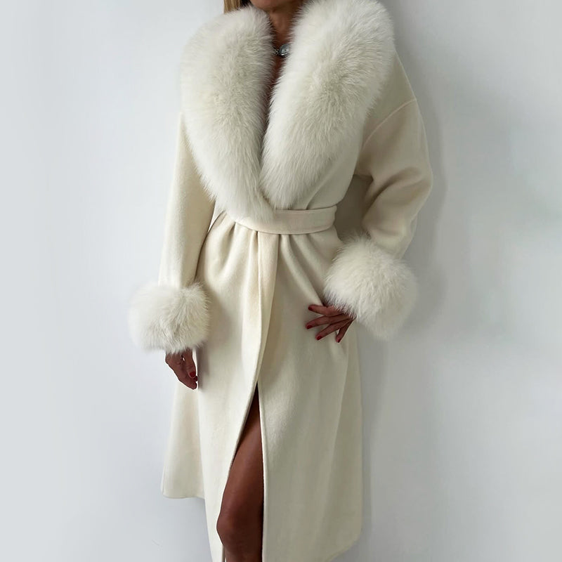 Isla Straight Fit Coat | Belted Fur Trim Long Sleeve Coat