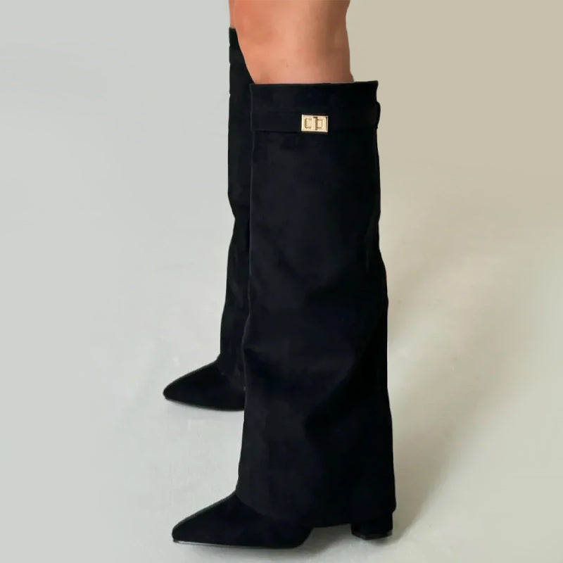Sienna Knee-High Suede Boots | Fold-Over Cuff Buckle Detail Boots