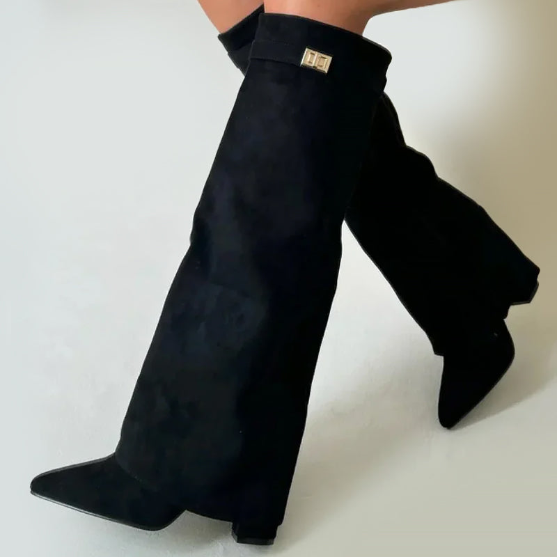 Sienna Knee-High Suede Boots | Fold-Over Cuff Buckle Detail Boots