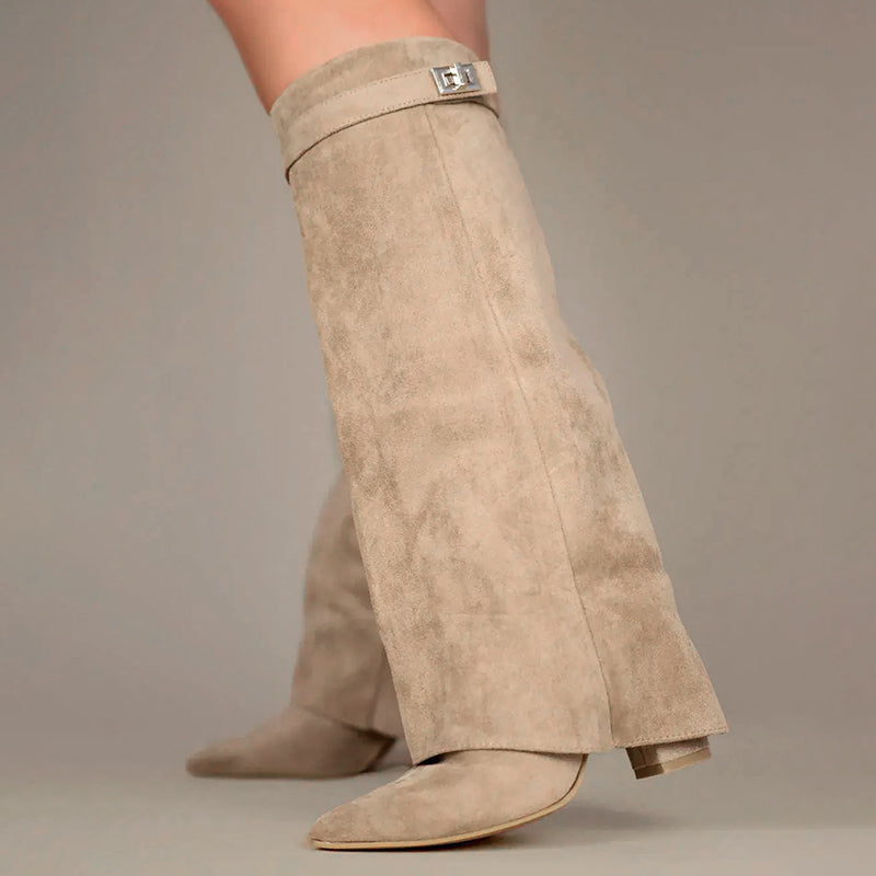 Sienna Knee-High Suede Boots | Fold-Over Cuff Buckle Detail Boots