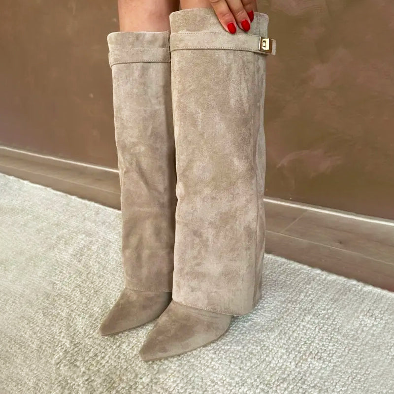 Sienna Knee-High Suede Boots | Fold-Over Cuff Buckle Detail Boots