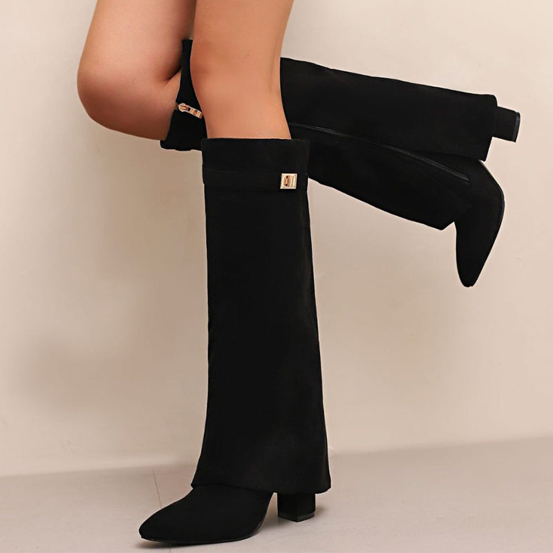 Sienna Knee-High Suede Boots | Fold-Over Cuff Buckle Detail Boots