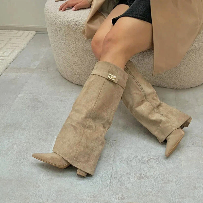 Sienna Knee-High Suede Boots | Fold-Over Cuff Buckle Detail Boots