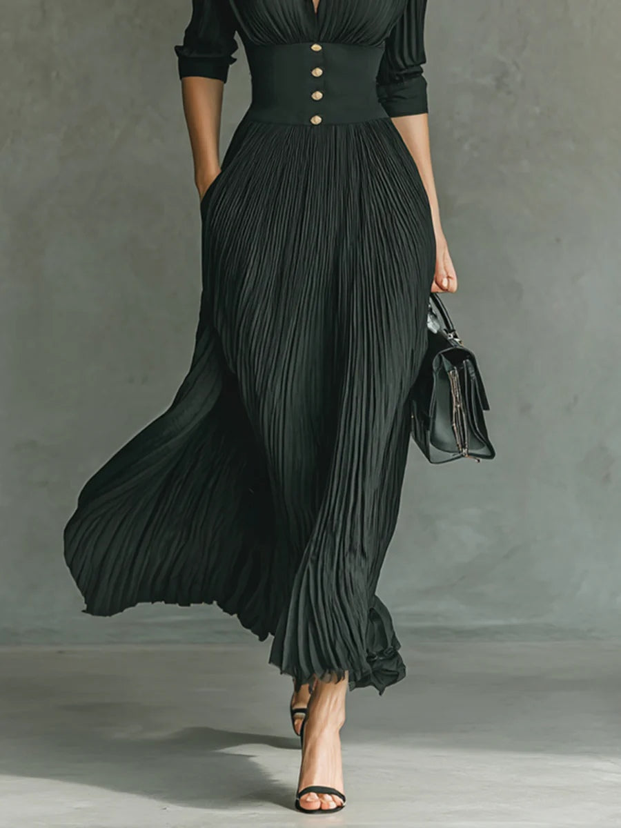 Erica Signature Fitted Waist Maxi Dress with Pleated Skirt and Ruched Bodice