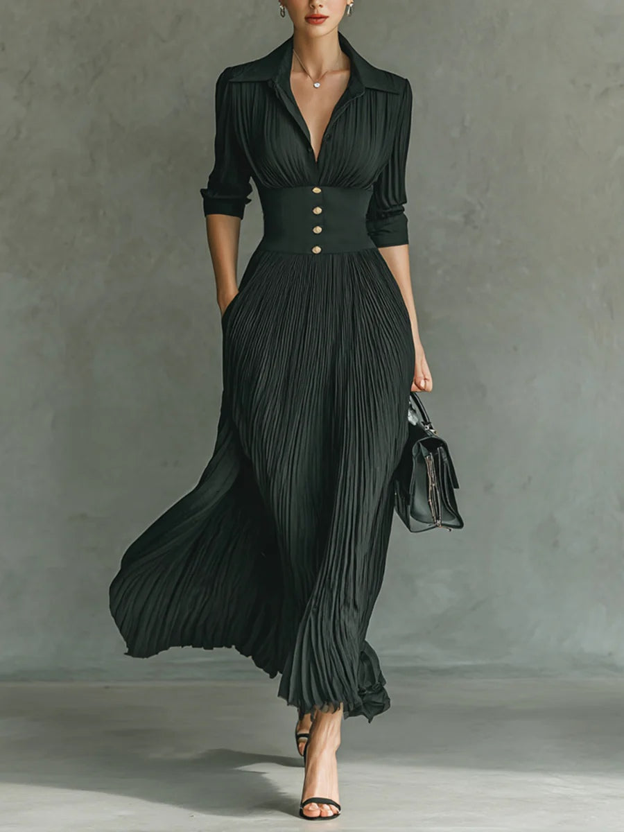 Erica Signature Fitted Waist Maxi Dress with Pleated Skirt and Ruched Bodice