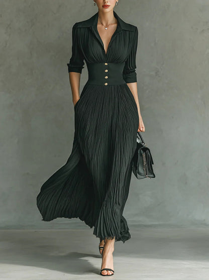 Erica Signature Fitted Waist Maxi Dress with Pleated Skirt and Ruched Bodice