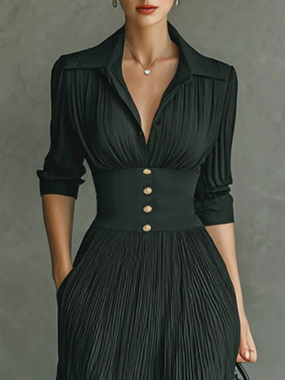 Erica Signature Fitted Waist Maxi Dress with Pleated Skirt and Ruched Bodice