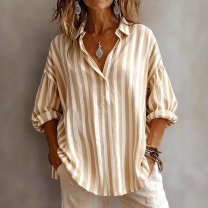 Relaxed Striped V-Neck Shirt Blouse with Rolled 3/4 Sleeves