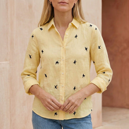 Relaxed Collared Button-Down Blouse with Whimsical Print and Soft Woven Texture