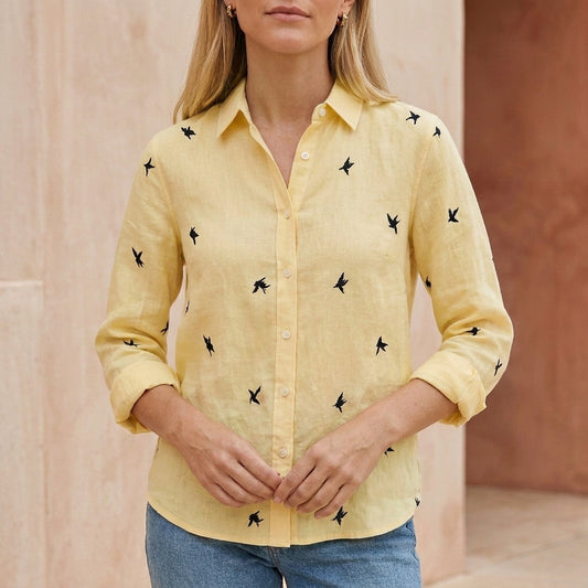 Relaxed Collared Button-Down Blouse with Whimsical Print and Soft Woven Texture