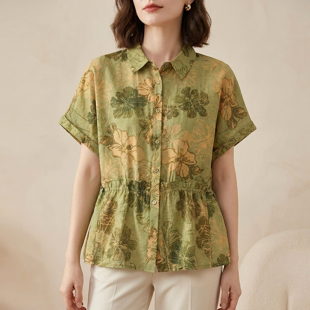 Botanical Floral Button Up Peplum Blouse for Effortless Summer Styling
