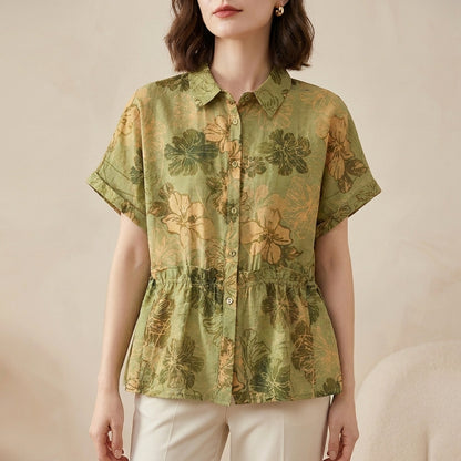 Botanical Floral Button Up Peplum Blouse for Effortless Summer Styling