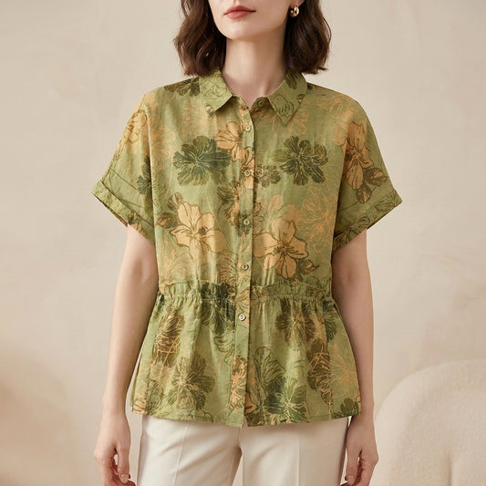 Botanical Floral Button Up Peplum Blouse for Effortless Summer Styling