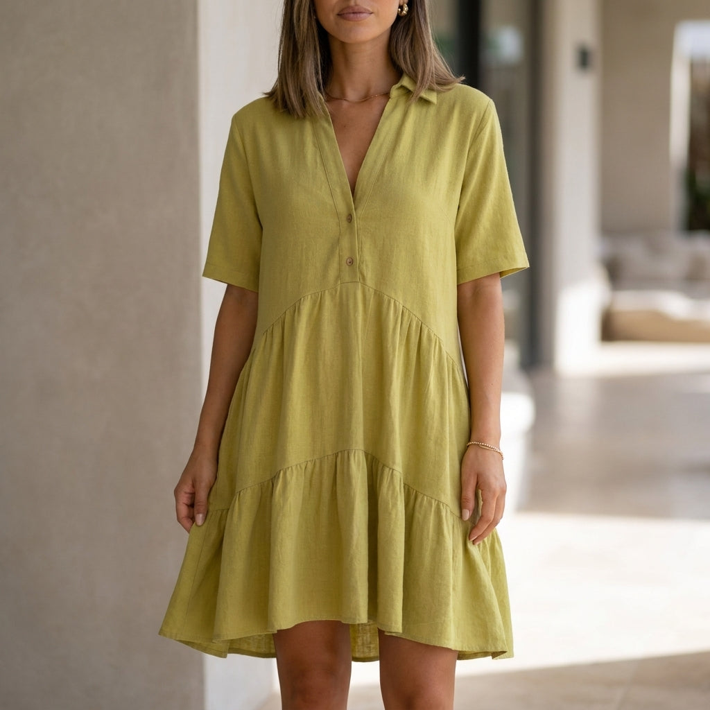 Relaxed Tiered Shirt Dress with Lapel Collar and Button Front