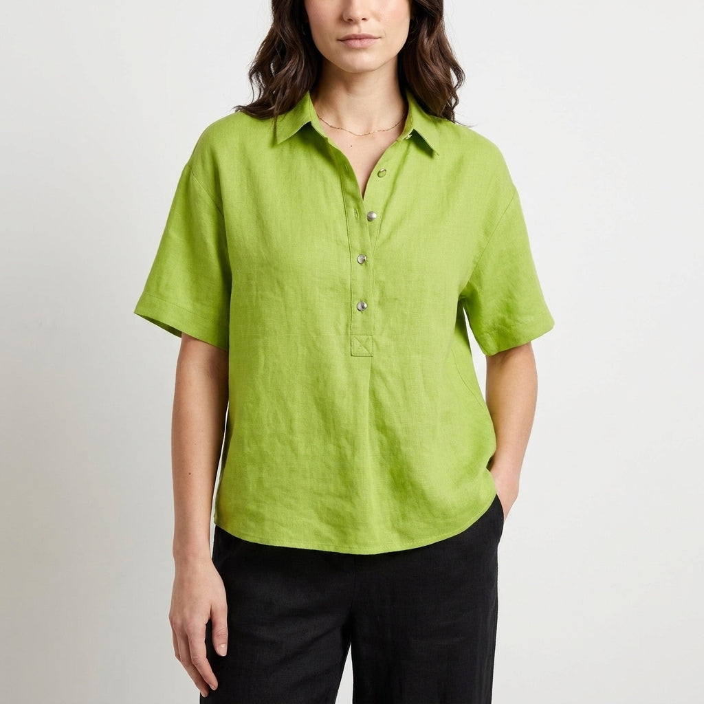 Relaxed Button Front Collared Short Sleeve Blouse