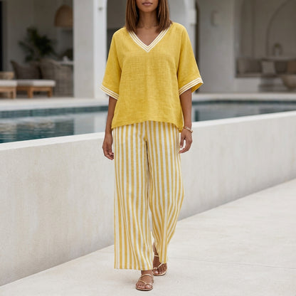 Relaxed V-Neck Two-Piece Set with Wide-Leg Striped Trousers