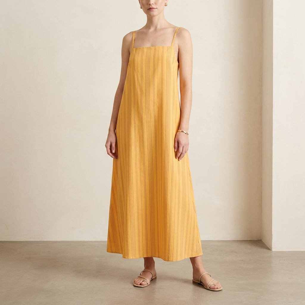 Flowing Striped Maxi Dress with Spaghetti Straps and Square Neckline