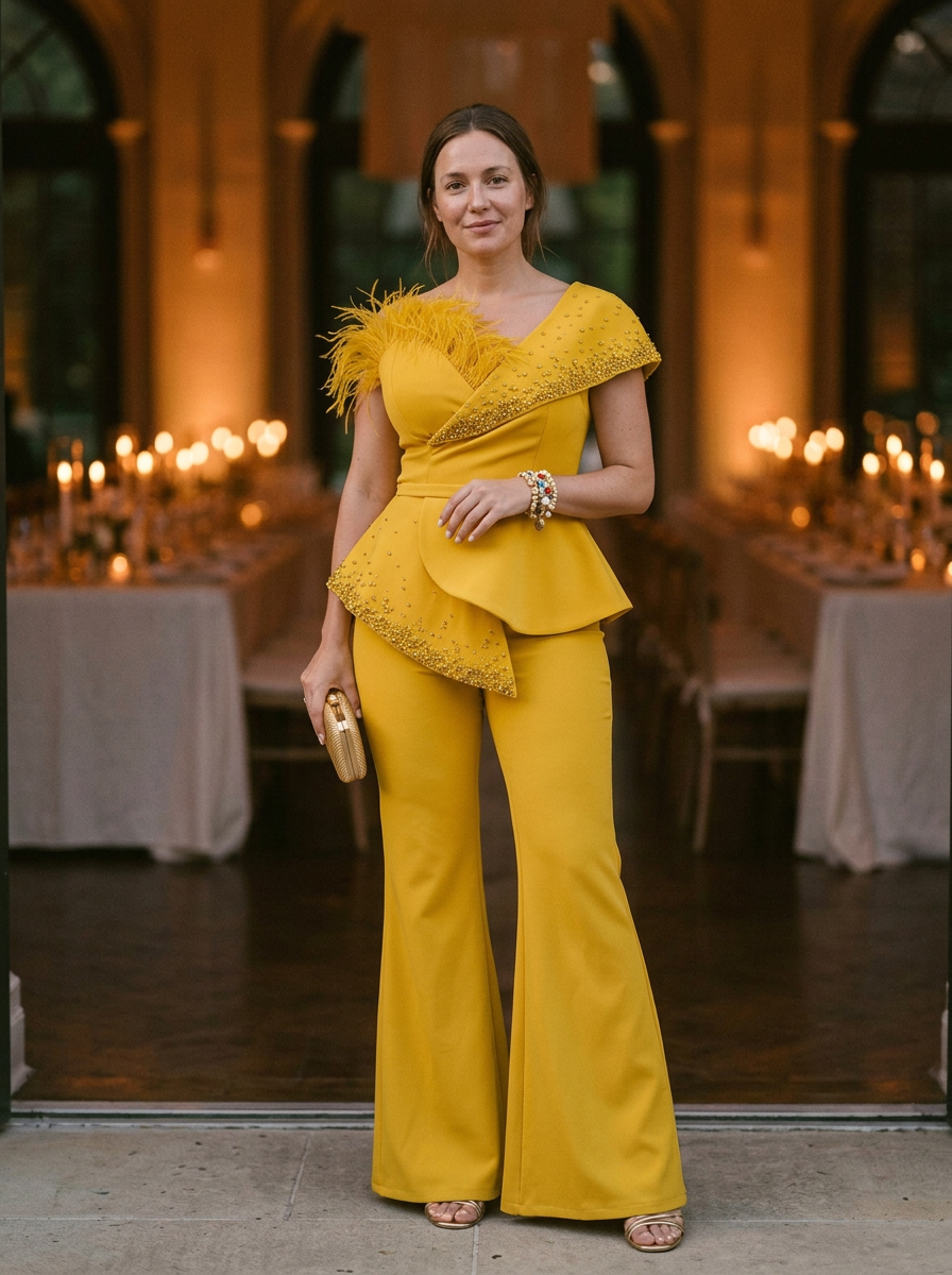 Elegantly Embellished Strapless Jumpsuit with Peplum Waist and Feather Detail