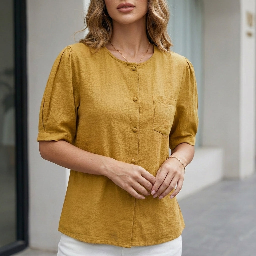 Relaxed Button-Up Blouse with Soft Short Sleeves and Front Pocket