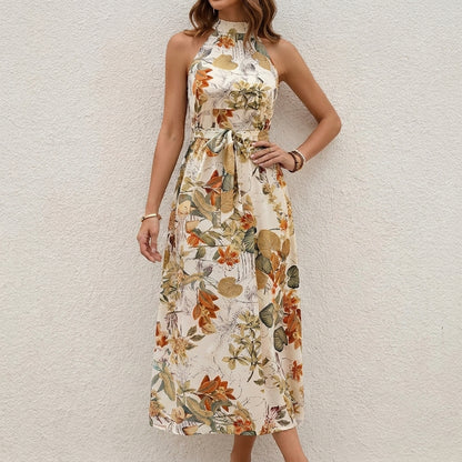 Tropical Garden Halter Midi Dress with Waist Tie Detail