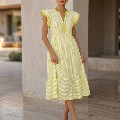 A-Line Midi Dress with Double Ruffle Sleeves and Contrasting Trim