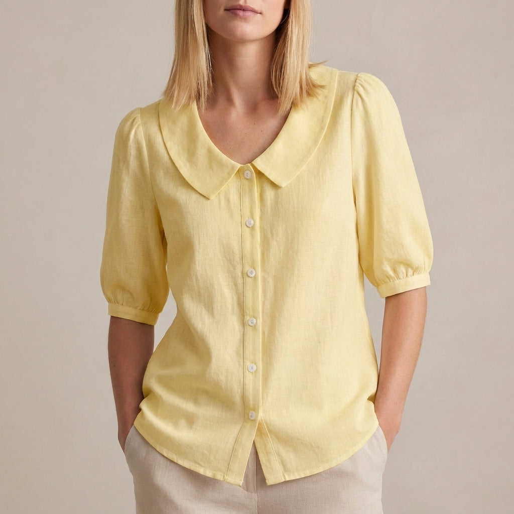 Relaxed Woven Button-Down Blouse with Peter Pan Collar and Puff Sleeves