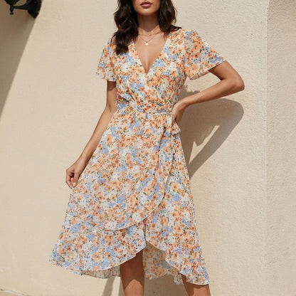 Romantic Floral Wrap Midi Dress with Ruffle Hem