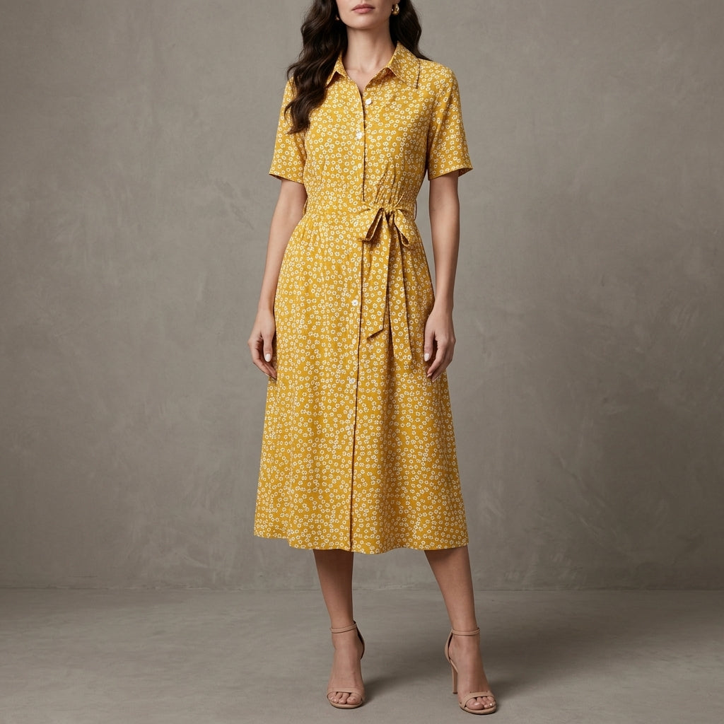 Graceful Floral Midi Dress with Adjustable Waist Tie
