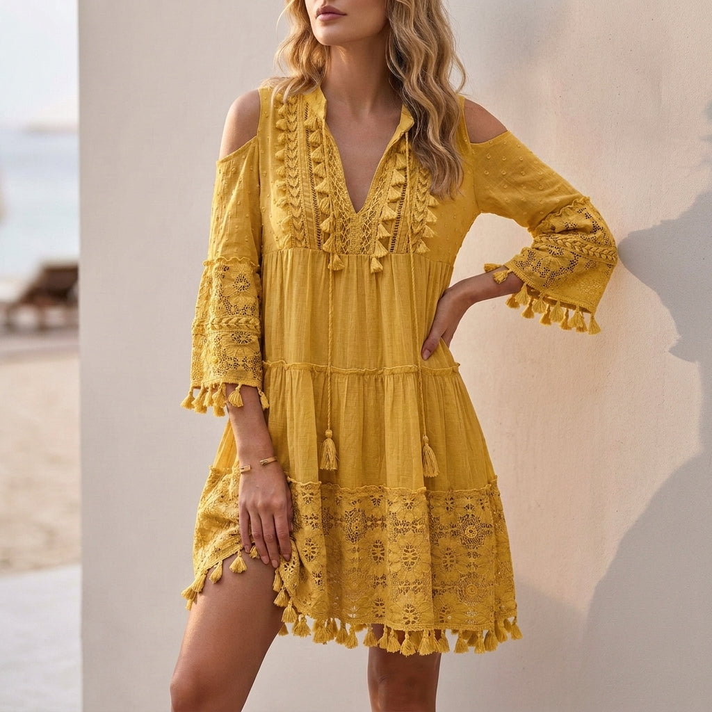 Bohemian Lace-Embroidered Mini Dress with Cold-Shoulder Tassel Details