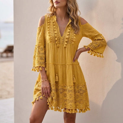 Bohemian Lace-Embroidered Mini Dress with Cold-Shoulder Tassel Details