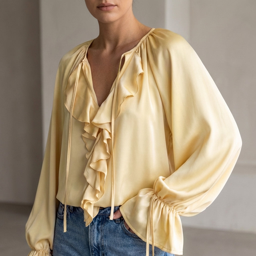 Relaxed Ruffled Horn Sleeve Blouse with Lace-Up V-Neck Detail