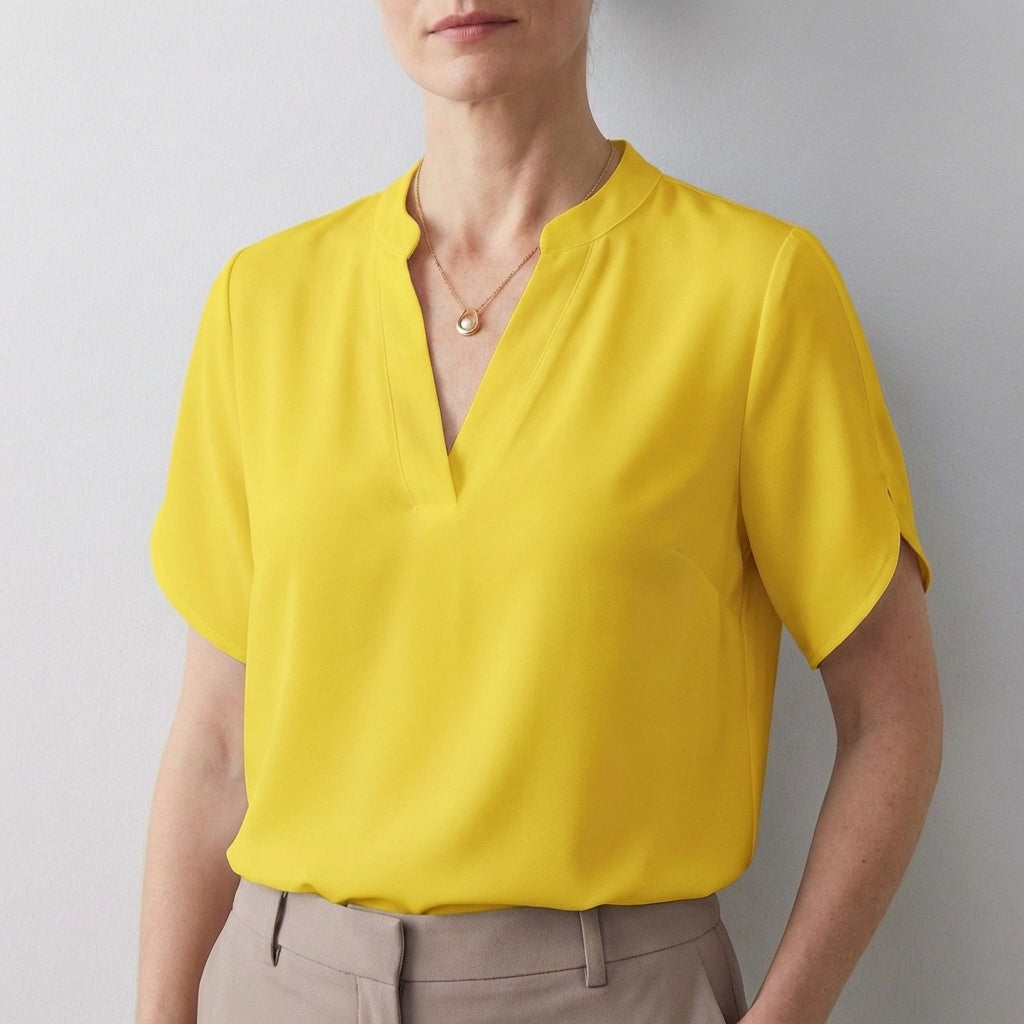 Dionne Relaxed V-Neck Blouse with Band Collar and Split Sleeves