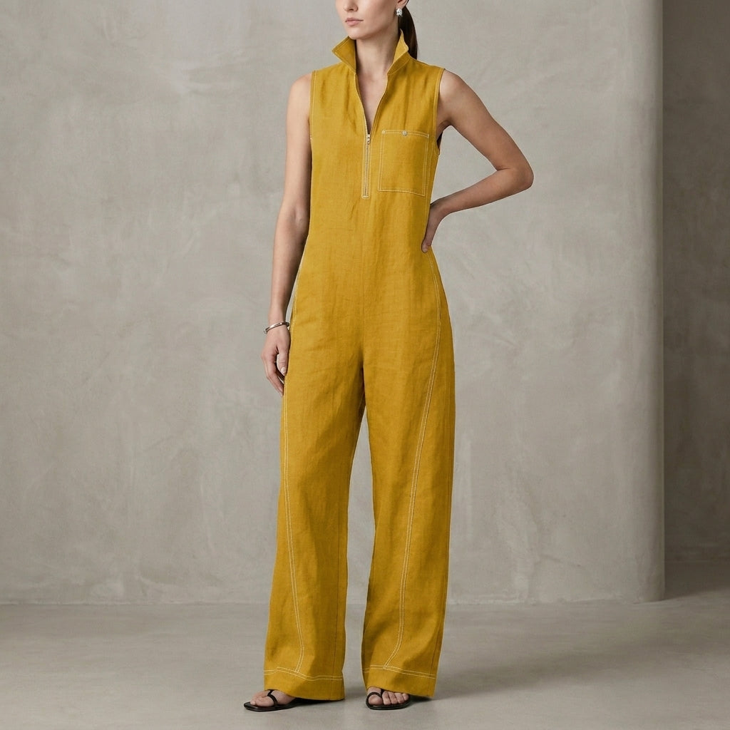 Relaxed Wide-Leg Sleeveless Jumpsuit with Structured Stand Collar