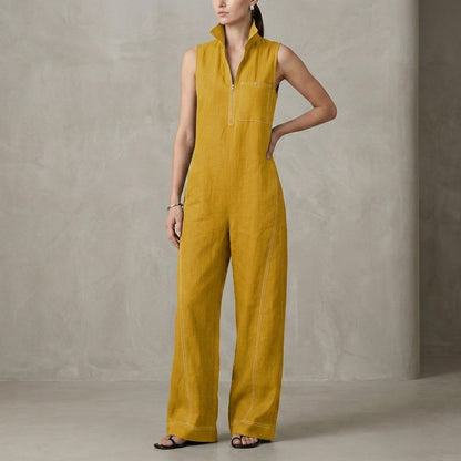 Relaxed Wide-Leg Sleeveless Jumpsuit with Structured Stand Collar