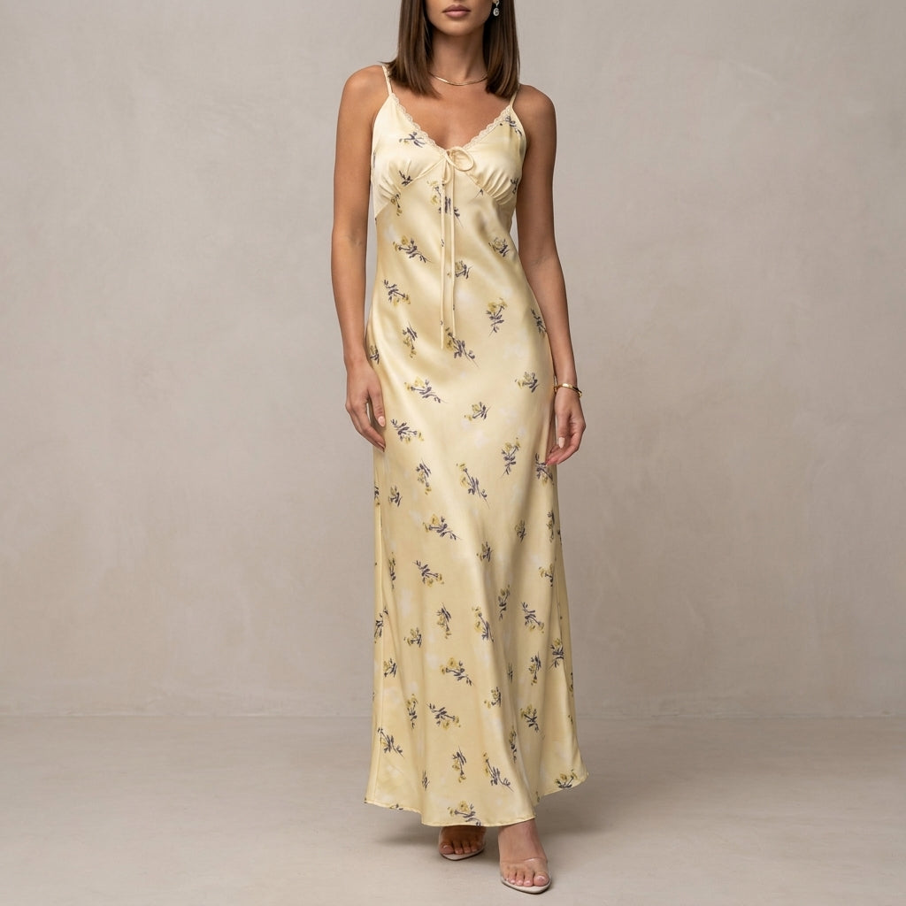 Floral Slip Maxi Dress with Elegant Lace Trim Details