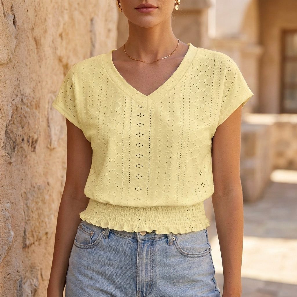 V-Neck Jacquard Eyelet Top with Smocked Waist and Ruffled Hem