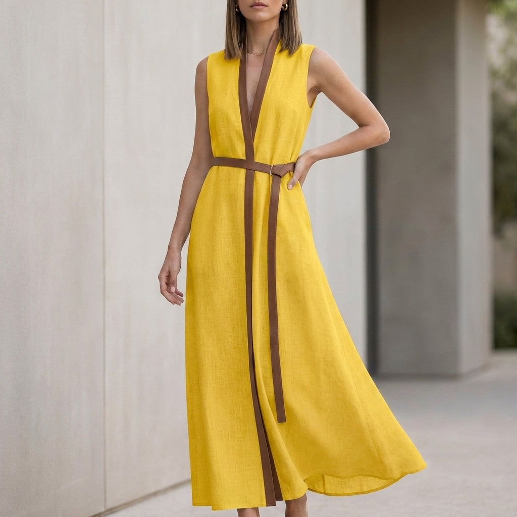 Elegant Sleeveless V-Neck Maxi Dress with Contrast Trim and Tie-Belt