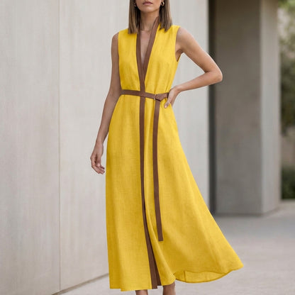 Elegant Sleeveless V-Neck Maxi Dress with Contrast Trim and Tie-Belt