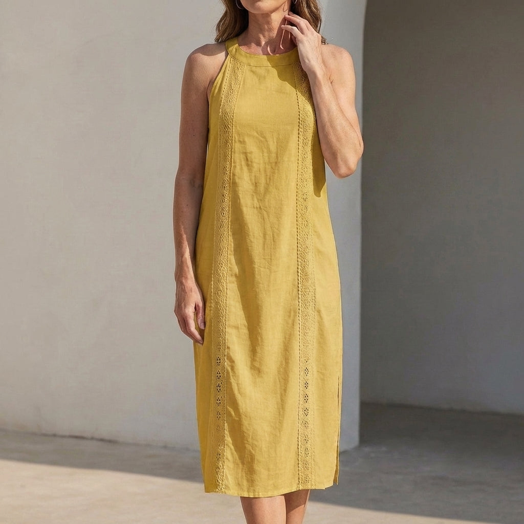 Relaxed Midi Halter Neck Dress with Vertical Lace Trim and Side Slits