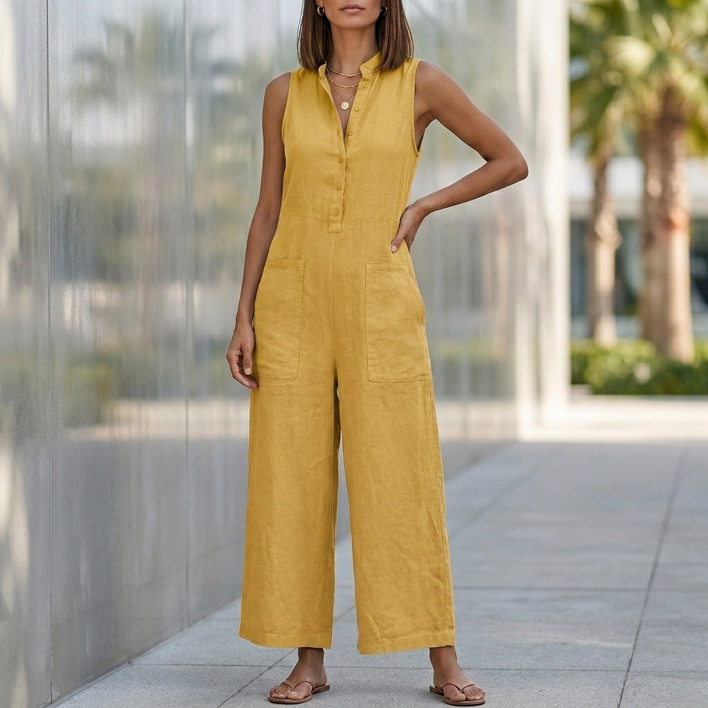 Textured Wide-Leg Sleeveless Jumpsuit with Stand Collar and Pockets
