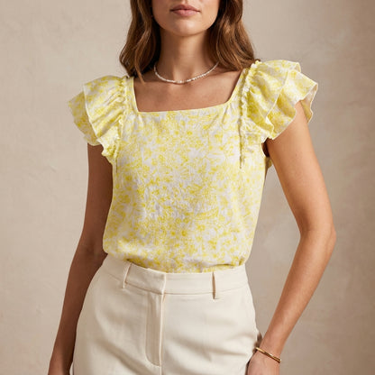 Relaxed Floral Print Ruffle Blouse with Square Neck and Back Bow Closure