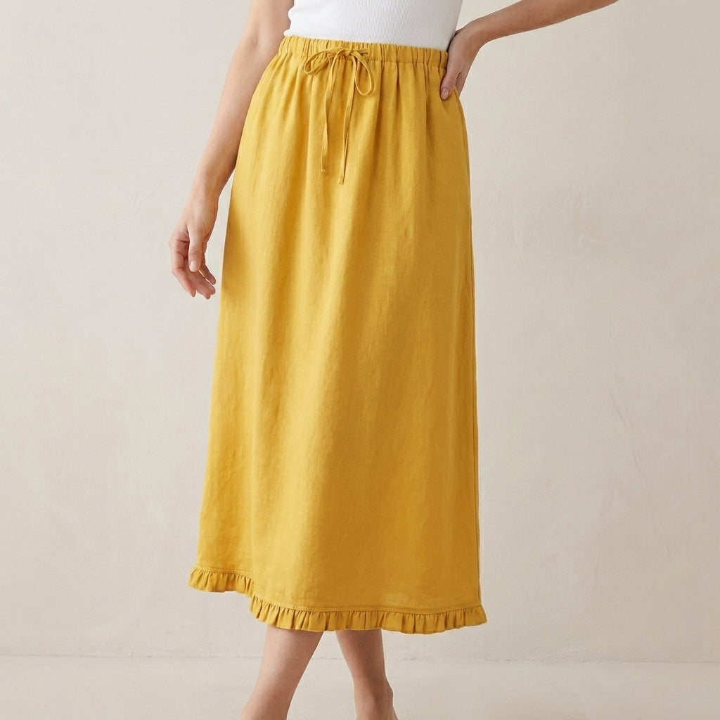 Relaxed Drawstring Maxi Skirt with Soft Ruffle Hem and Flowing Drape