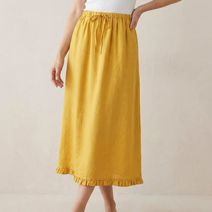 Relaxed Drawstring Maxi Skirt with Soft Ruffle Hem and Flowing Drape