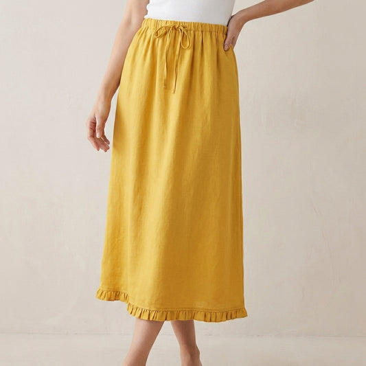 Relaxed Drawstring Maxi Skirt with Soft Ruffle Hem and Flowing Drape