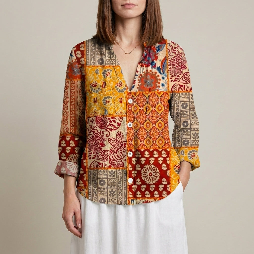 Botanical Print Relaxed Blouse with Embroidered V-Neck Detail