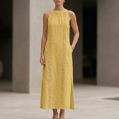 Relaxed Sleeveless Maxi Dress with Vertical Embroidered Panels and Side Slits