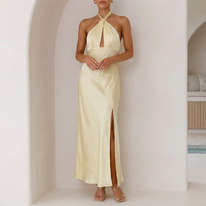Twist Halter Maxi Dress with Elegant Draped Side Slit Silhouette