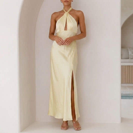 Twist Halter Maxi Dress with Elegant Draped Side Slit Silhouette