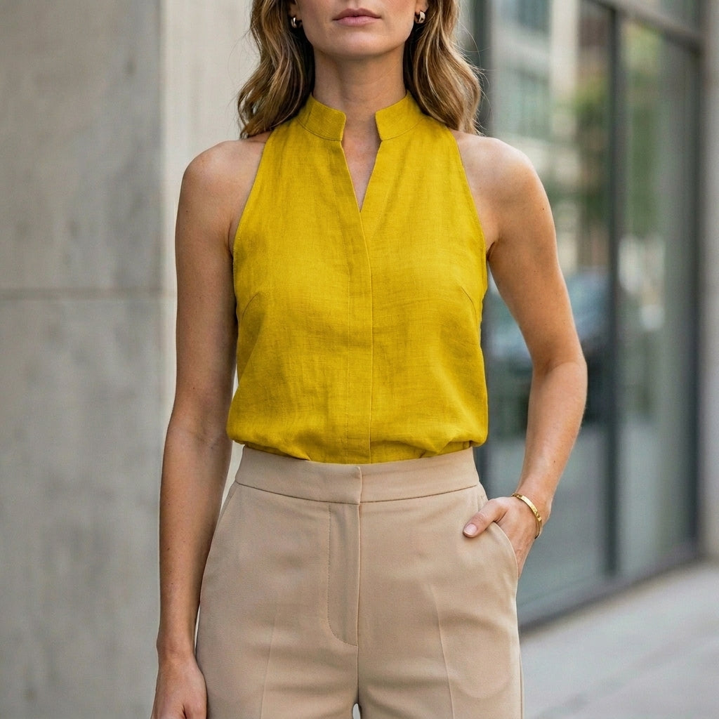 Sleeveless Split Neck Blouse with Tailored Silhouette