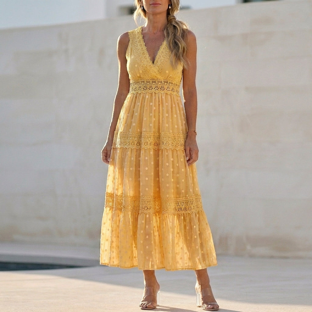 Bohemian Lace Maxi Dress with Tiered Skirt and Delicate Detailing